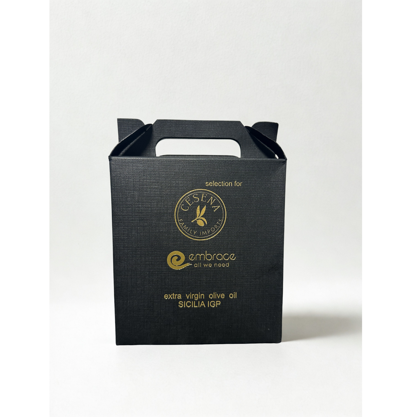 Black olive oil packaging box with gold text and branding on a white background